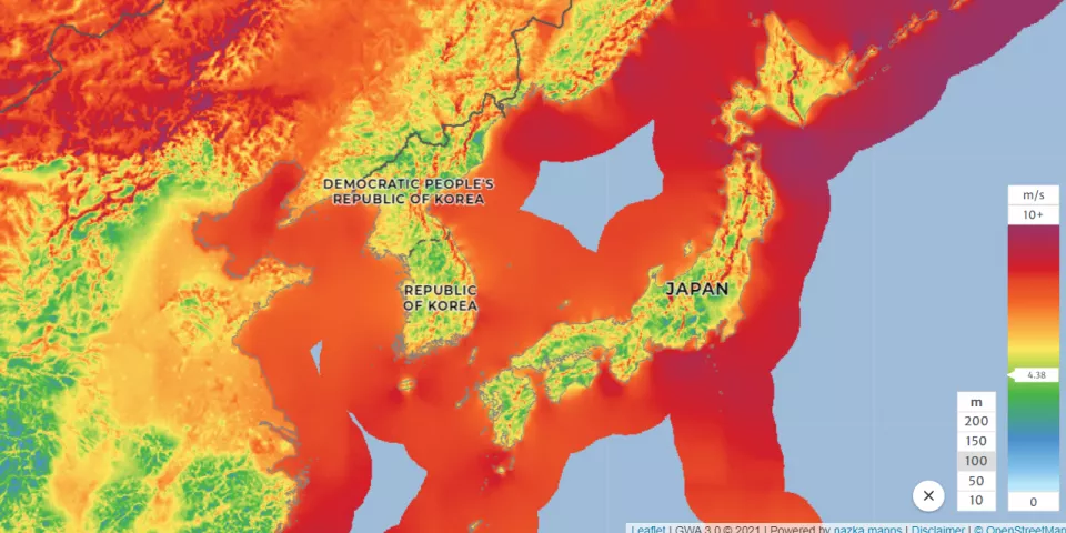 windsnelheid rond de kusten van Zuid-Korea 